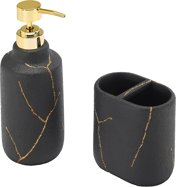 Nicole Miller - Bathroom Set, 2pc Resin Accessories, Toothbrush & Lotion Pump/Soap Dispenser, Dorm Room Essentials (Sydney Collection, Black/Gold)