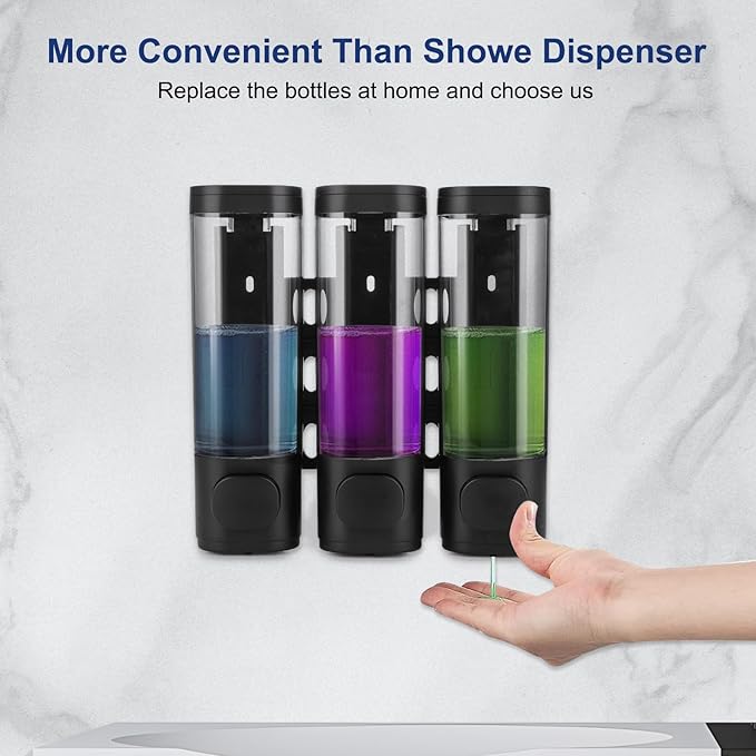 6pcs Shampoo and Conditioner Dispenser No Drill Shower soap Dispenser Wall Mounted 3 Chamber for Bathroom, Kitchen,Hotel Pumps are Easy to use No leaks (Black)