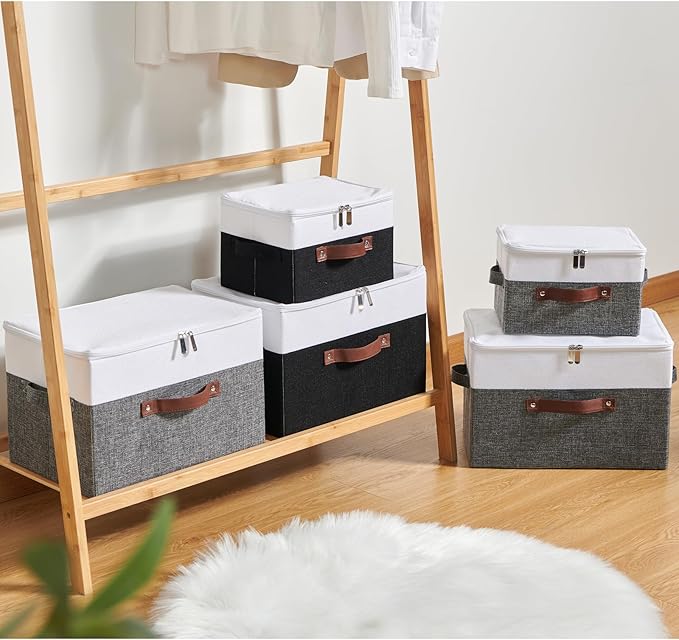 Storage Boxes with Zipper Lid Cotton Linen Fabric Lidded Storage Bins Baskets Foldable Washable Closet Shelf Clothes Organizer Container Faux Leather Handles (Black White, Large)