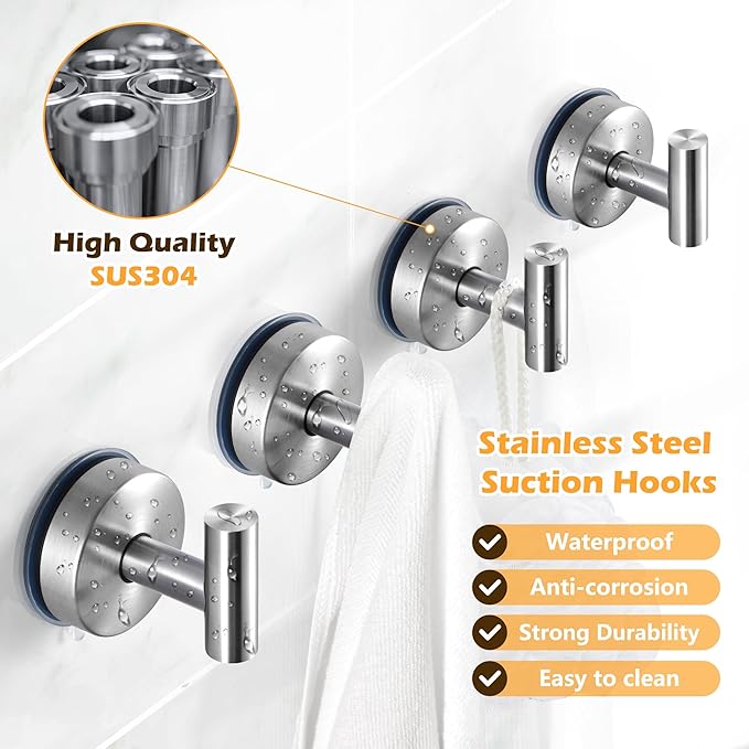 YOHOM Suction Cup Hooks for Shower Wall Bathrooms Towels Hook for Glass Door Heavy Duty Stainless Steel No Drill for Glass Doors, Window, Tile, Mirrors, Holds Up to 5lbs (Silver, 4 pcs)