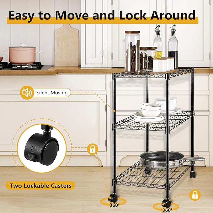 3-Tier Storage Shelves Steel Plant Stand Household Sturdy, Mesh Metal Storage Rack Unit with 360°Removable Wheels for Kitchen/Living Room/Bathroom/Laundry Room/Pantry/Garage/(Max Load Capacity 200 lb)