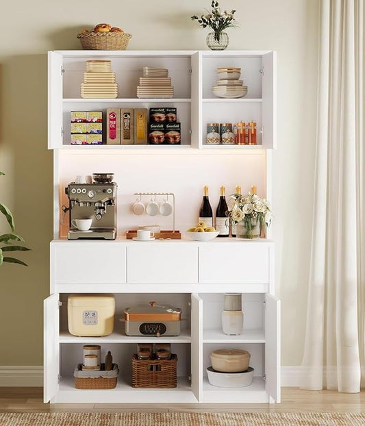 71" Tall Kitchen Pantry Cabinet, Adjustable Shelves & Doors and Three Drawers, Microwave Shelf, Coffee Bar with LED Lights & Charging Station, Corner Storage Hutch for Living Room, White