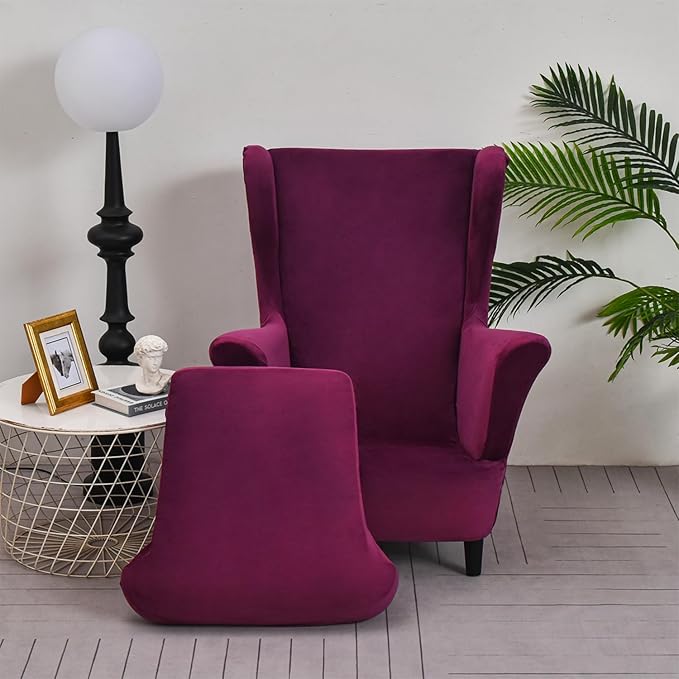 OBCREAT Wingback Chair Covers 2 Piece Stretch Velvet Wingback Chair Slipcover Soft Wing Chair Sofa Covers with Elastic Bottom,Armchair Couch Cover Furniture Protector for Living Room (Magenta)