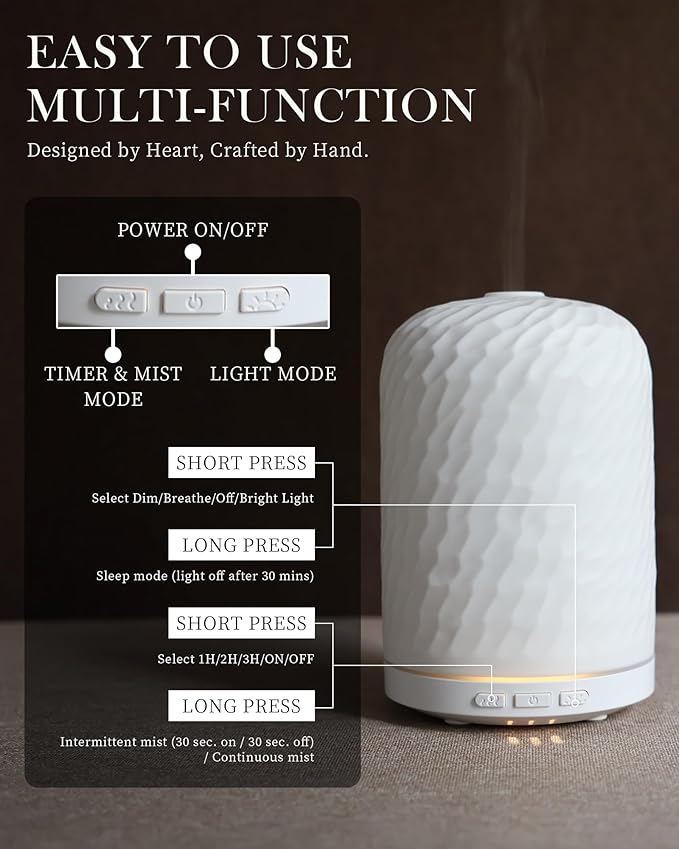 Essential Oil Diffuser - 2.4MHz Ultrasonic Ceramic Diffuser for Home, 120ml, Pulse&Continuous Mist, Bright/Dim/Breathing Lighting, Waterless Auto-Off, Aromatherapy Diffuser with USB Cable