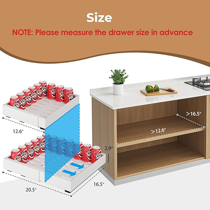 Pull Out Cabinet Organizer, 2PCS 16.5"Deep Expandable Heavy Duty Pull Out Drawers for Cabinets Fixed with Adhesive Film, Peel Stick Slide Out Drawers for Kitchen Pantry Bathroom, No Screw (White)