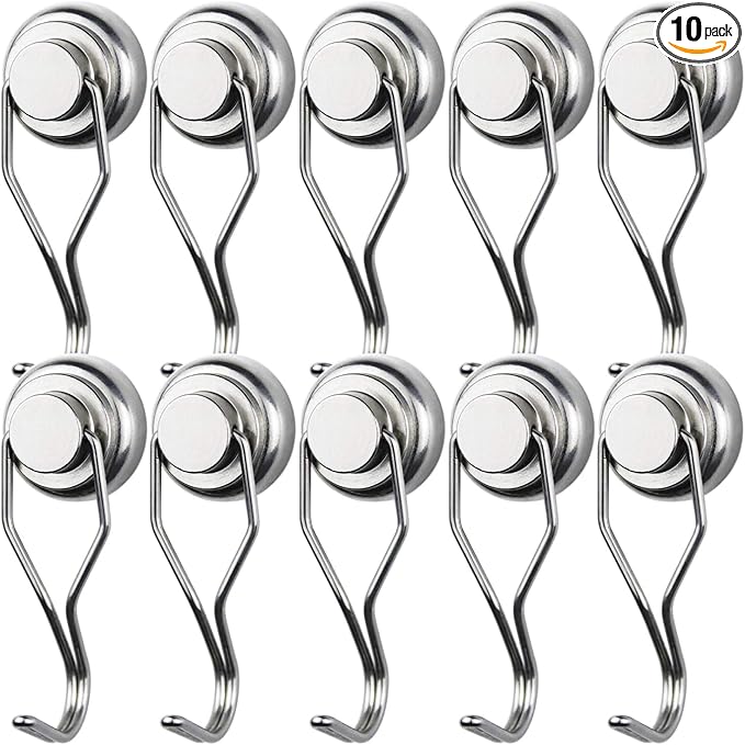 MIKEDE Magnetic Hooks Heavy Duty, 60 lb+ Strong Swivel Swing Neodymium Magnetic Hooks for Hanging, Strong Magnet Hanger for Cruise Cabins, Locker, Toolbox, Home, Kitchen - Pack of 10
