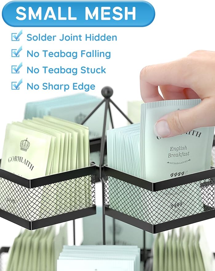 VOGWOLTH Tea Bag Organizer, Tea Bag Storage Holder Spinning Carousel 96 Teabags Container, Lazy Susan Coffee Creamer Sweetener Tea Caddy for Kitchen Counter Cabinet Pantry Shelf Organizer