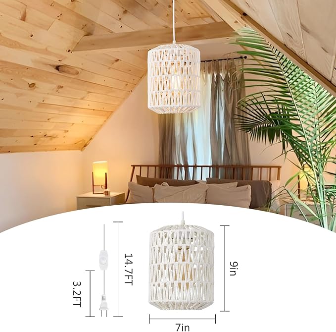 Plug in Pendant Light, Rattan Hanging Lights with Plug in Cord 15ft Dimmable Cord, Hand Woven Wicker Lampshade Hanging Lamp, Boho Plug in Hanging Ceiling Light Fixture for Farmhouse Bedroom White
