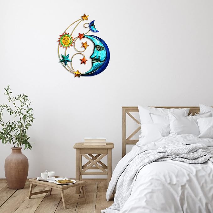 Metal Sun Outdoor Wall Art Decor, Large Size 17'' Sun Face Metal Wall Sculpture with Moon & Stars for Home Wall Decoration Living Room, Bedroom, Outside Decor for Yard, Patio, Garden Fence Deck Pool