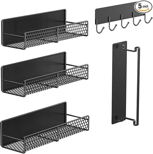 5-Pack Magnetic Shelves for Laundry Room Organization, Strong Hold Refrigerator & Washing Machine Shelves, Includes Spice Rack, Hanger Organizer Stacker & Utensil Hooks, No Drill Installation