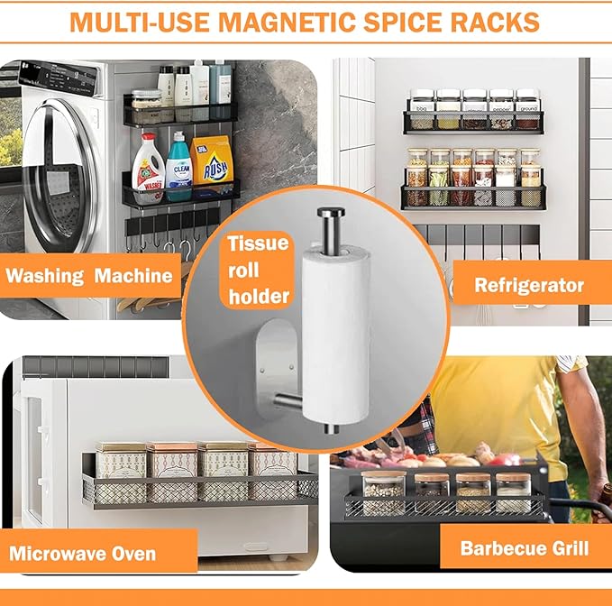 Magnetic Spice Rack for Refrigerator – 3 Tier Magnetic Shelves with Towel Bar, Hanging Hooks, Mesh Storage Baskets & Adhesive Hooks Kitchen Organizer for Spices, Utensils & Pantry