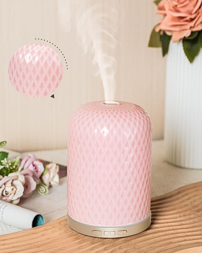 Essential Oil Diffuser -2.4MHz Ultrasonic Pink Ceramic Diffuser for Home,120ml, Pulse&Continuous Mist, Bright/Dim/Breathing Lighting, Waterless Auto-Off, Aromatherapy Diffuser with USB Cable