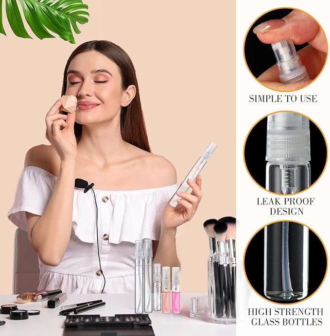 Tanlade 300 Pcs 5ml/10ml Mini Spray Bottles Refillable Clear Glass Travel Perfume Atomizer Mouthwash Bottle Cologne Small Sample Containers for Essential Oils, Retailers