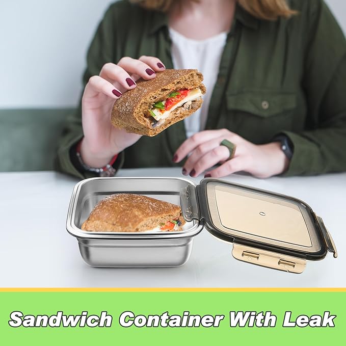 2 Pack Stainless Steel Sandwich Containers with Lids 25.4 oz Metal Food Container for Lunch Boxes with Airtight Silicone Seal for Sandwiches and Snacks(Black)