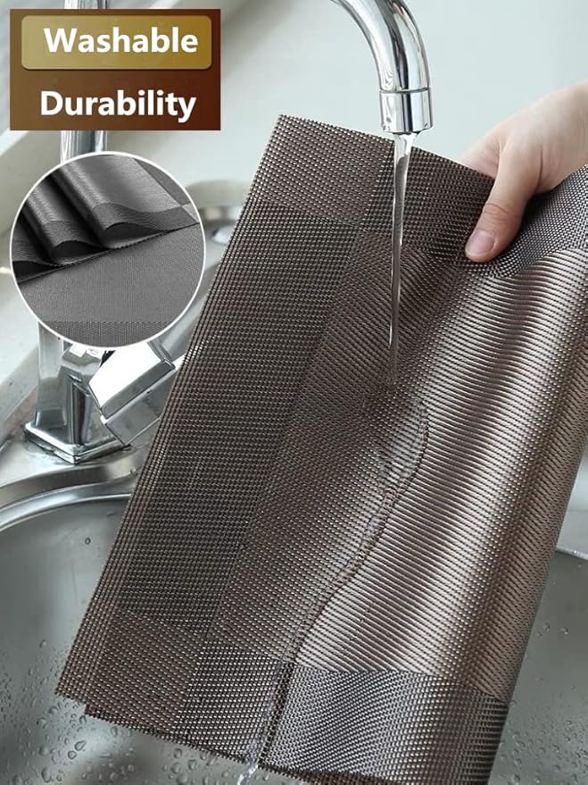 Placemats, Washable PVC Table Mats, Woven Vinyl Placemat for Dining Table Place Mats Set (6 placemats and 1 Table Runner, Silver and Grey)