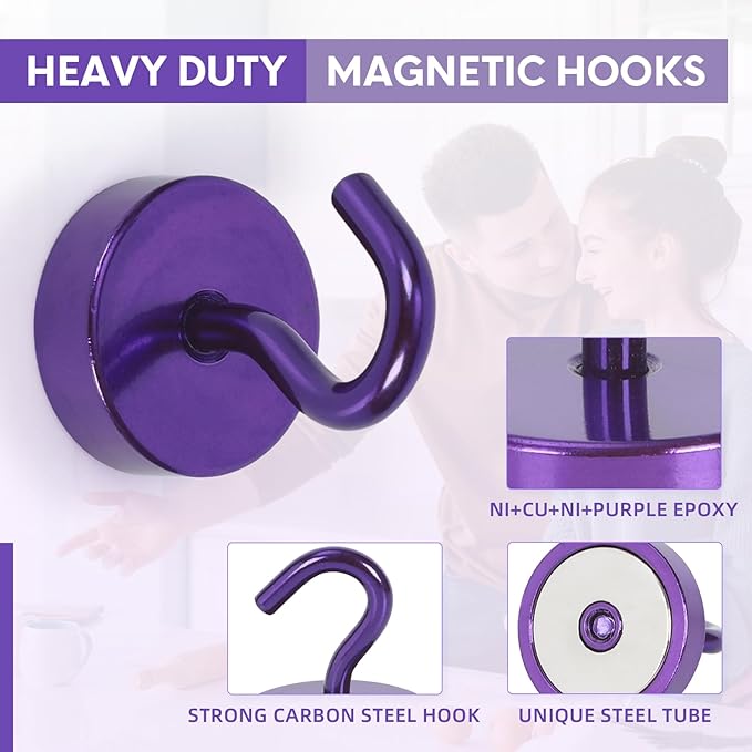Neosmuk Magnetic Hooks, Cruise Ship Essentials, 40lb+ Heavy Duty Magnetic Hooks for Cruise Cabins, Refrigerator, Grill, Hanging, and Travel | Extra Strong Must-Haves Magnet Hook,Purple