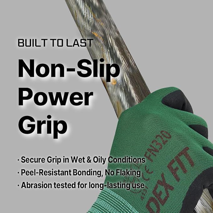 DEX FIT Premium Nylon Nitrile Work Gloves FN320, 3 Pairs, 3D-Comfort Stretchy Fit, Firm Grip, Thin & Lightweight, Durable, Breathable & Cool, Machine Washable; Forest Green 6 (XS)