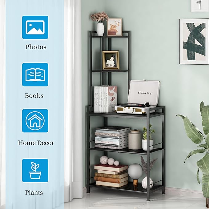 GILLAS 5 Tier Corner Shelf Stand, Freestanding Corner Shelf Unit Bookshelf, Corner Table with Shelf, Tall Storage Organizer Rack for Living Room, Bedroom, Office (Black)