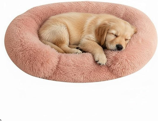 Fluffy Dog Bed Calming Donut Beds for Large Dogs Warming Round Small Medium Pet Nest Cozy Cat Mattress Indoor Washable Puppy Kennel Kittens Sleep Mat (S, 23.6×23.6 inch, Fresh Pink)