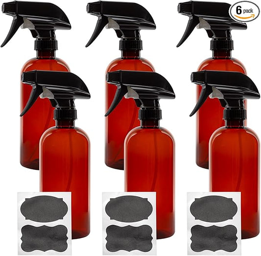 Cornucopia Brands 16oz Amber PLASTIC Spray Bottles w/Heavy Duty Mist & Stream Sprayers & Chalkboard Labels (6-pack); PET #1 Plastic Bottles, BPA-Free
