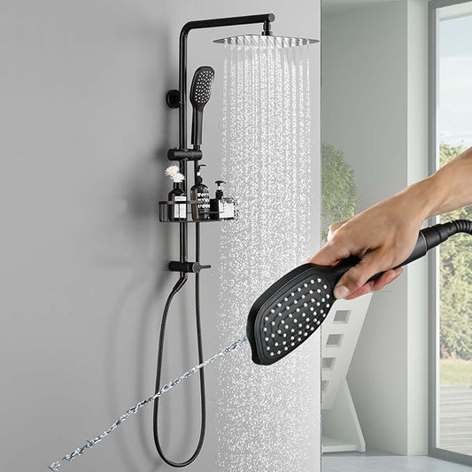 SonTiy 12 Inch Rainfall Shower System with Handheld Spray, High Pressure Rain Shower Head with Jet Spray, Luxury Bathroom Shower Fixtures with Adjustable Slide Bar & Shower Caddy, Oil Rubbed Bronze