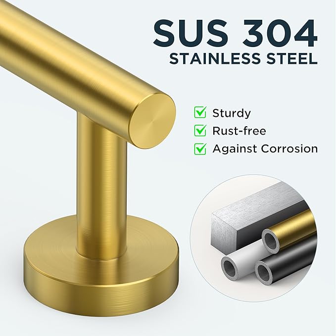 FORIOUS 4 Piece Bathroom Accessories, SUS304 Stainless Steel Toilet Paper Holder, Towel Ring and 2 Towel Hooks, Wall Mounted Bathroom Hardware Set (Brushed Gold)