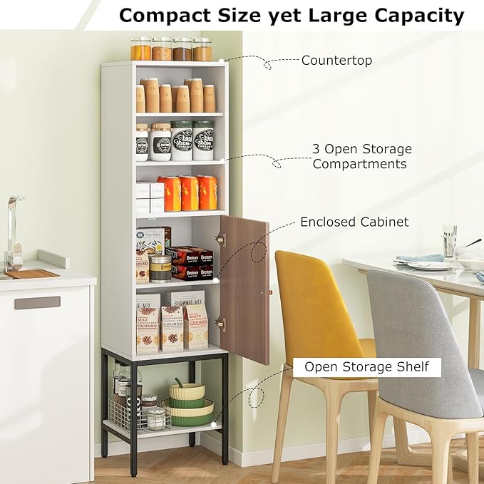Tangkula Tall Bathroom Storage Cabinet with 1 Door and 4 Shelves, 57" H Narrow Floor Cabinet with Adjustable Shelves, Tall Slim Bathroom Cabinet for Living Room, Entryway, Kitchen (White)