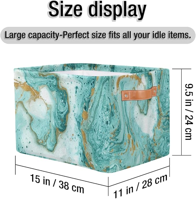 2Pack Turquoise Marble Texture Large Collapsible Storage Bins,Teal Marble Decorative Canvas Fabric Storage Boxes Organizer with Handles,Rectangular Shelves Baskets Box for Home Office Nursery Closet
