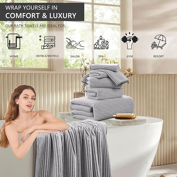 8-Piece Premium Towel Set for Bathroom|2 Oversized Large Bath Sheet,2 Hand Towels,4 Washcloths|Soft Cozy Highly Absorbent Fast Dry Microfiber Shower Towel Set for Hotel Bathroom Essentials,Grey