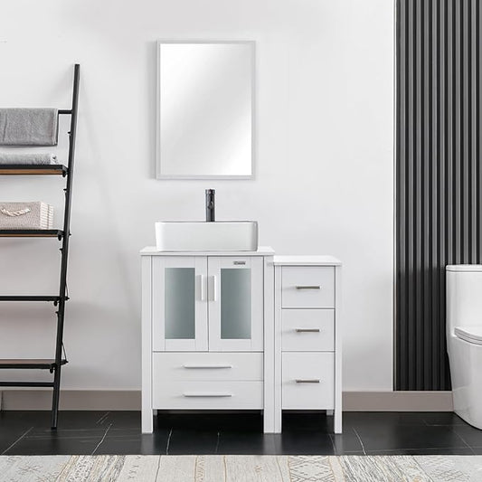 eclife 36" Modern Bathroom Vanity Sink Combo Freestanding Cabinet with Small Side Cabinet, White Black Ceramic Vessel Sink, Water Save Faucet, Drain (White+T03BK)