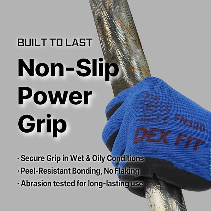DEX FIT Nylon Work Gloves FN320, 3D Comfort Fit, Power Grip, Lightweight & Breathable, Touchscreen, Gardening, Yard Work, Warehouse, Delivery Driver Gloves; Blue 10 (XL) 12 Pairs