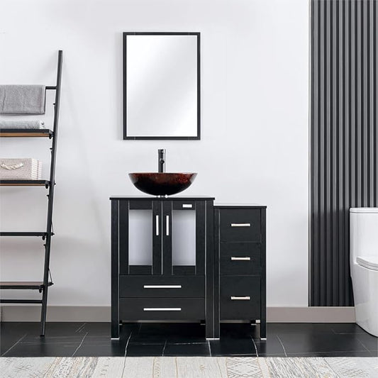 eclife 36" Modern Bathroom Vanity Sink Combo Freestanding Cabinet with Small Side Cabinet, Brown Round Glass Vessel Sink, Water Save Faucet, Drain (Black+A09)