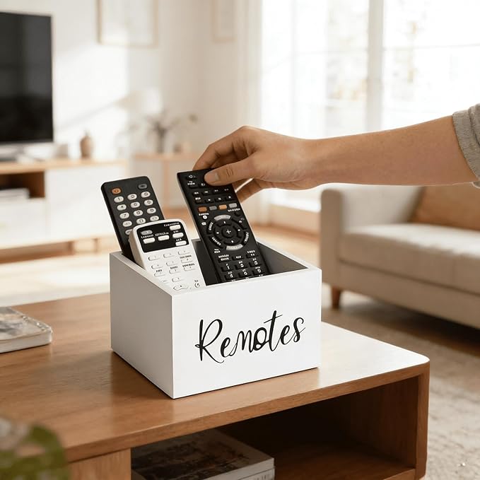 Wood Remote Control Holder, TV Remote Control Organizer for Home Bedroom Table, Multi-Purpose Desktop Storage (White, M,for 3+ Remote Controls)