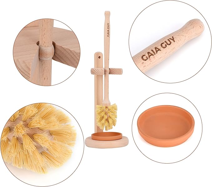 Gaia Guy Beech Wood Toilet Brush with Stand & Ceramic Drip Tray – Eco-Friendly Toilet Scrubber with Sisal Bristles – Compostable, Biodegradable & Plastic-Free Bathroom Cleaner