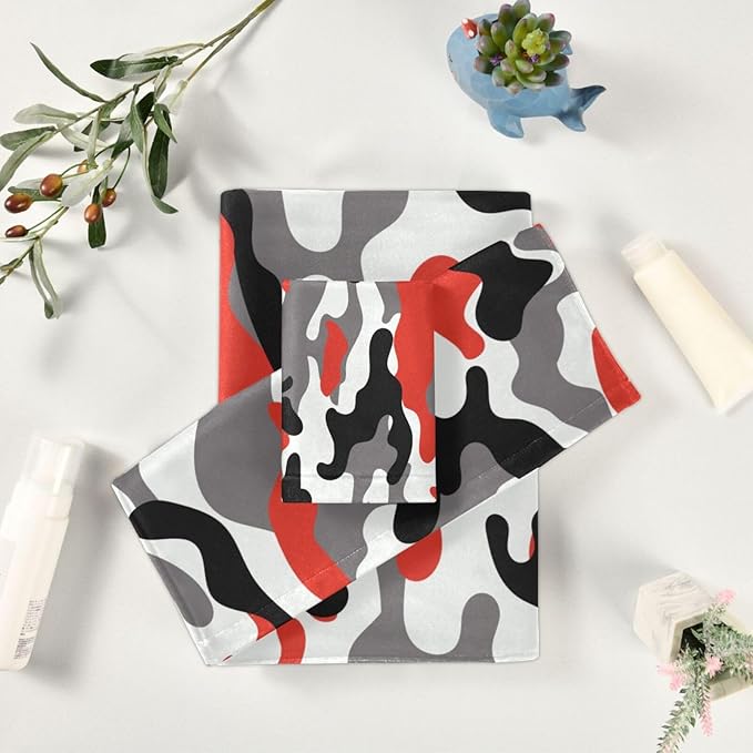 3 Piece Red Black Camo Bath Towels Set,Microfiber Decorative Camouflage Military Army Hunting Themed White Gray Bathroom Towels,1 Bath Towel 1 Hand Towel for Kitchen,1 Washcloth for Body Face