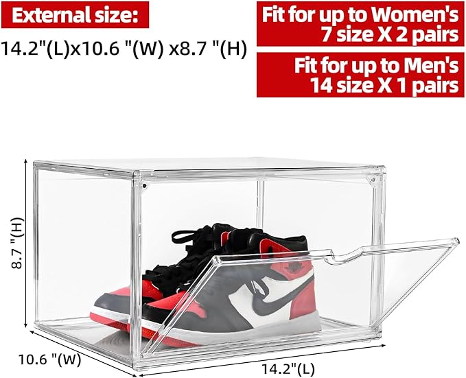 Clear Shoe Organizer,Stackable Shoe Display Case,Shoe Box Storage Bins with Magnetic Door,Fit Shoe Size Up to US 14 (X-Large-2Pack)