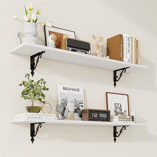 RICHFOCUS Floating Shelves for Wall Decor, 39.4W x 8D Shelves Set of 2, 8 Inch Deep Rustic Wood Shelves Wall Mounted with Brackets, Long Floating Shelves for Living Room Bedroom Kitchen, White