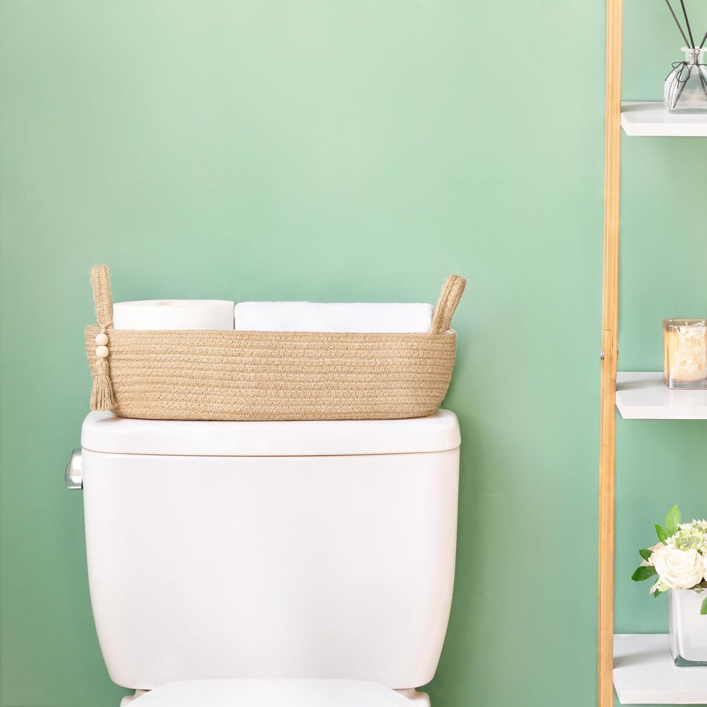 Small Storage Basket for Toilet Tank Top | Boho Bathroom Decor Woven Rope Organizer – Jute, 15.7" L x 6" W