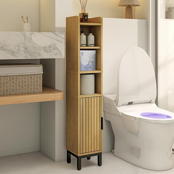 Narrow Bathroom Storage Cabinet, Corner Toilet Paper Floor Cabinet 5 Tiers with Door and Shelves,Bathroom Organizer with Adjustable Shelf, for Small Spaces (Oak)