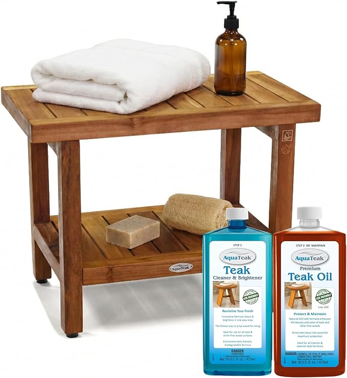 AquaTeak The Original 24" Spa Teak Shower Bench - Shower Stool with Storage Shelf for Bathroom - Durable Water Resistant Shower Chair with Teak Oil & Cleaner CareKit - Shaving Foot Rest