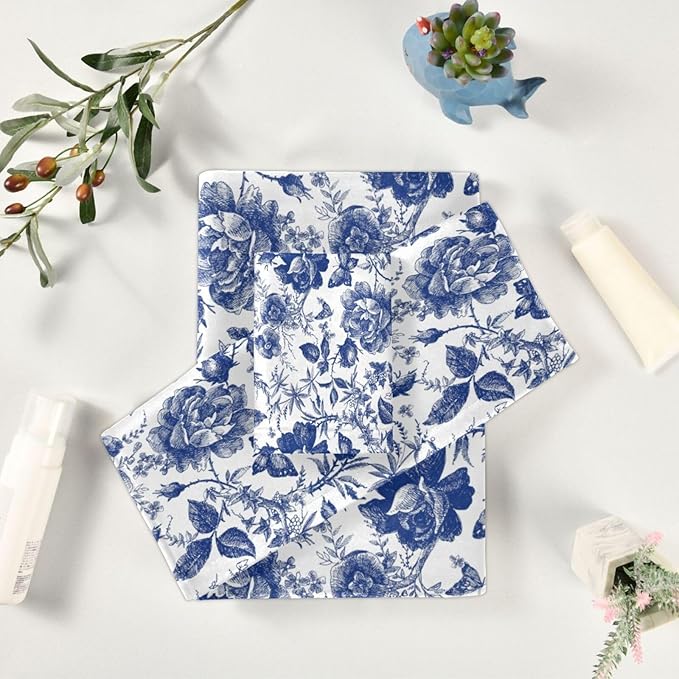 3 Piece Navy Blue Floral Leaves Bath Towel Set,Microfiber Decorative Vintage Chinoiserie Rose Flowers Leaf Bathroom Towels,1 Bath Towel 1 Hand Towel for Bathroom Kitchen,1 Washcloth for Face