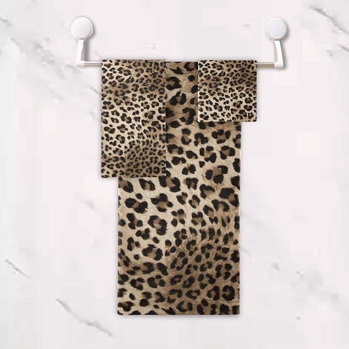 3 Piece Brown Leopard Bath Towel Set,Microfiber Decorative Black Cheetah Wild Savannah Animal Skin Print Bathroom Towels,1 Bath Towel 1 Hand Towel for Bathroom Kitchen,1 Washcloth for Face