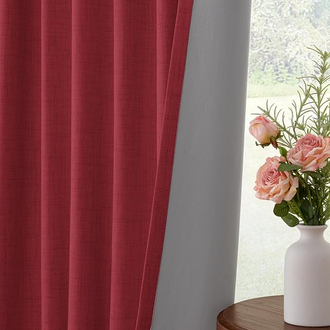 INOVADAY 100% Blackout Curtains for Bedroom, Black Out Curtains 102 Inch Long, Clip Rings Linen Blackout Drapes, Thermal Insulated Room Darkening for Living Room, 2 Panels - Ruby Red,W50xL102