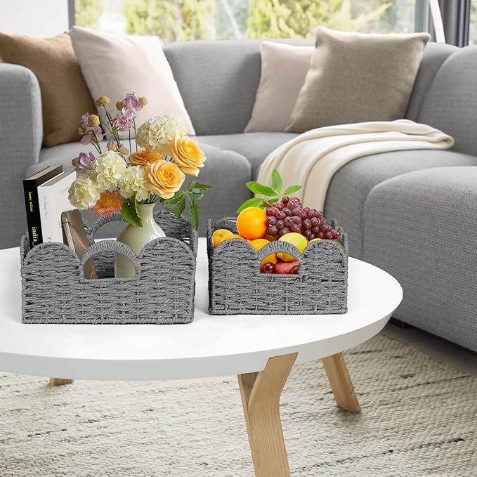 Scalloped Wicker Basket Natural Paper Rope Storage Baskets with Handles Handwoven Organizer Bin Wicker Storage Baskets for Home Decor, Organizing, 2 Pack (Grey)