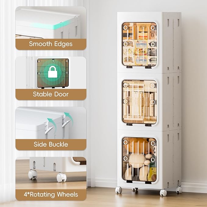 JEKO&JEKO 146 Qt Narrow Bathroom Storage Cabinet, 3-Tier Slim Tall Cabinet Organizer with Wheels, Foldable Plastic Storage Bin for Small Spaces, White