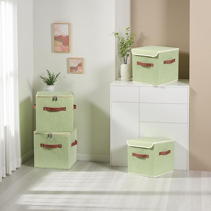 2PCS Storage Cubes with Lid Fabric Storage Bins Boxes PU Leather Handles Cotton Linen Closet Organizer Container Decorative Foldable Washable Shelf Cloth Basket (Flip-top Lid, Green, 11in)