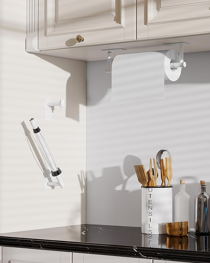 Paper Towel Holder Under Cabinet, Single Hand Operable Roll Holder with Damping Effect,No Drilling or Wall Mounted SUS304 Stainless Steel for Kitchen Bathroom Commercial(White)