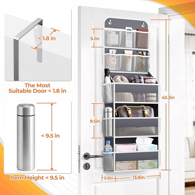 5-Tier Over The Door Organizer with Mesh Pockets, Baby Nursery Storage for Closet, Bathroom and Bedroom, Adjustable Hanging Closet Organizer for Cosmetics, Books and Essentials (Dark Grey)
