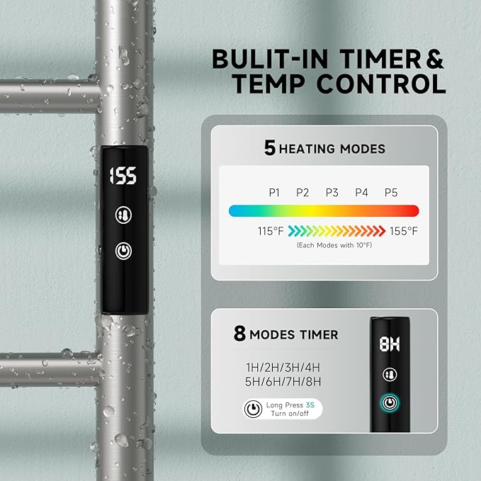 Wall Towel Warmer Rack for Bathroom - 8 bar Heated Towel Rack Timer and LED Indicator for Bathroom, Wall Mounted Electric Towel Rack, Stainless Steel Brushed, Plug-in