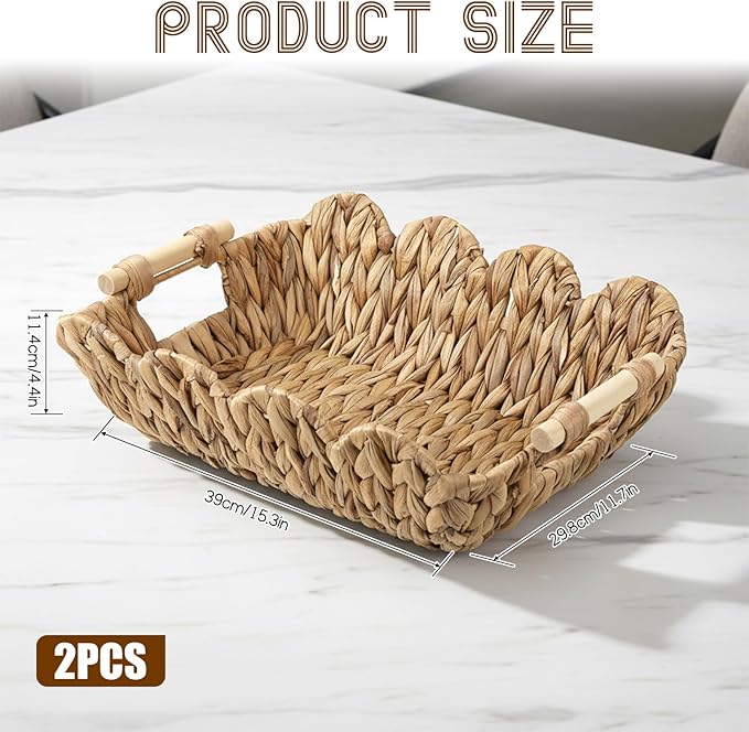 2 Pack Scalloped Wicker Basket, Hand-Woven Water Hyacinth Storage Baskets with Wooden Handle Paper Rope Toilet Paper Living Room Bedroom Decor Baskets for End Table Shelves Organizing Snack